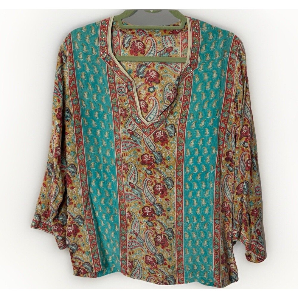 Tunic Top Women’s Boho Paisley 3/4 Sleeves Blouse Multicolor Embellished Medium